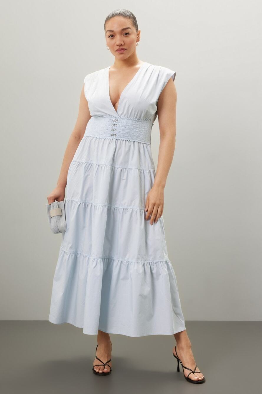 Derek Lam 10 Crosby Light Blue Poplin Tiered Sleeveless V-Neck Midi Dress XXL
